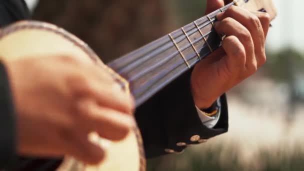 Mariachi speelt een Mexicaans instrument genaamd Vihuela in Mexico City — Stockvideo