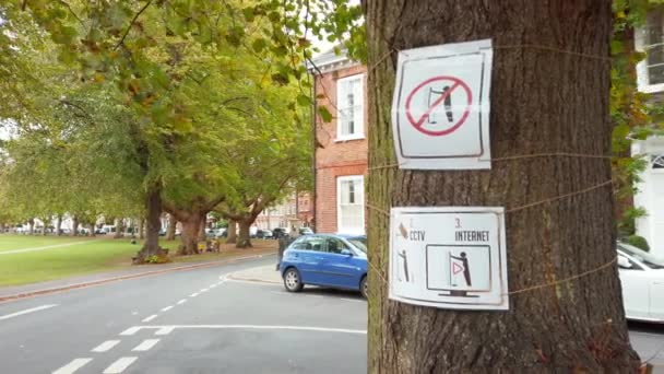 Tanda tangan di pohon dari lingkungan Inggris, yang melarang buang air kecil di depan umum — Stok Video