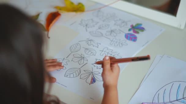 Liten flicka färga olika typer av blad på ett pappersark med en penna — Stockvideo