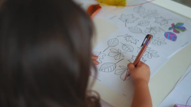 Κοριτσάκι χρωματίζοντας διαφορετικά είδη φύλλων σε ένα φύλλο χαρτιού με στυλό — Αρχείο Βίντεο