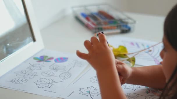Bambina colorare diversi tipi di foglie su un foglio di carta con una penna — Video Stock