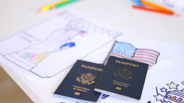 上面印有美国爱国标志的两张美国护照 — 图库视频影像