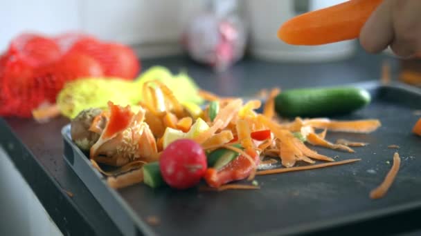 Female hands gently peeling a carrot on top of organic trash — Stock Video