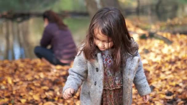 Mãe e filha curiosas explorando perto do rio em uma floresta de outono — Vídeo de Stock