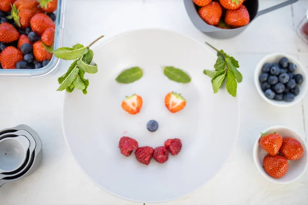 Rosto sorridente feito com bagas e folhas de hortelã em um prato — Fotografia de Stock