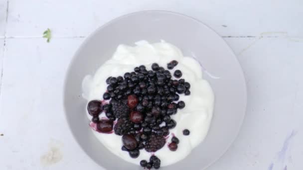 Tangan wanita mengaduk semangkuk blackberry dan yogurt dengan sendok — Stok Video