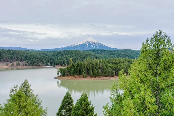 Tranquillo lago nella foresta con una montagna come sfondo — Foto Stock