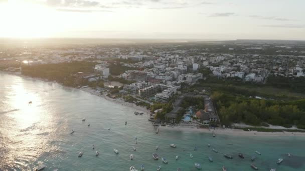 4k Aerial Circle Above Boat Yard Reveals Sunset — Stock Video