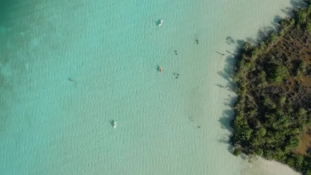 Spårning av kajaker i Aqua Blue Lagoon nära Belize - 4k luftskott — Stockvideo
