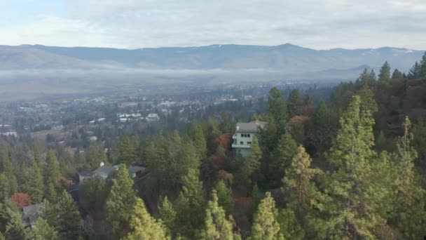 4k Havadan Ağaçların Arkasına Taşınma Ashland Oregon 'daki Tepedeki Ev' e Odaklanma — Stok video