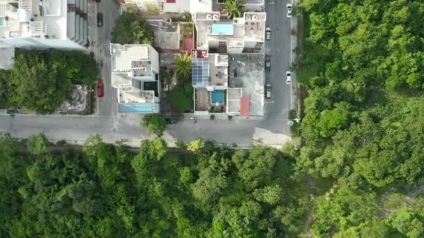 4k Aerial Shot Κατεβαίνοντας πάνω από ταράτσες Δίπλα σε ένα δέντρο γωνία στην πόλη της Καραϊβικής — Αρχείο Βίντεο