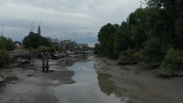 Aerial Shot Moving along a Riverbed in London with a Herring and Birds Flying. — Vídeo de stock