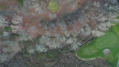 Oregon 'da bir golf sahasının yanındaki kahverengi ağaçlı 4k Hava Manzarası