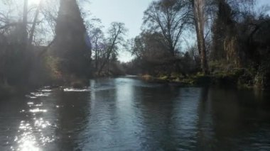 Ashland Oregon 'da nehri takip eden parlak manzara. Yakın mesafeden... 4K