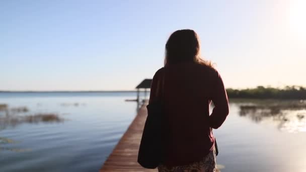 Utsikt över en kvinna Promenader på bryggan vid sjön Bacalar med en vacker blå himmel — Stockvideo
