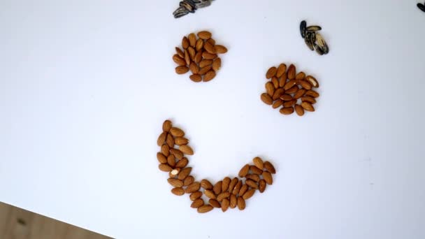 Small piles of almonds and sunflower seeds in a smiley face shape — Stock Video