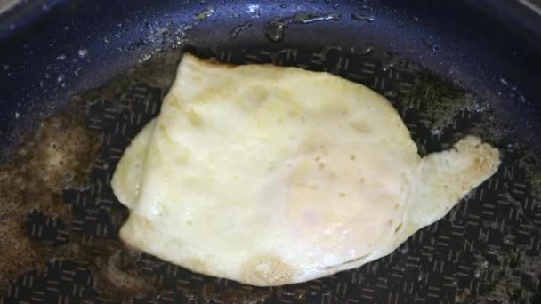Fried egg upside down on a frying pan — Stock Video