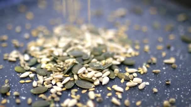 Pequena pilha de sementes em uma bandeja preta — Vídeo de Stock