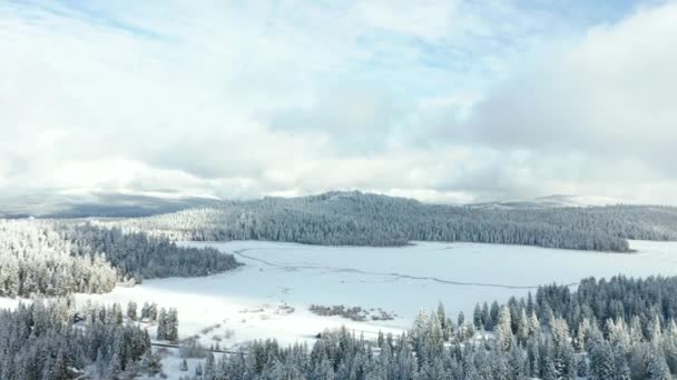 4k在阴天，空中风景从远方飞向结冰的湖面 — 图库视频影像
