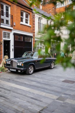 Klasik lüks araba seramik bir köpeğin yanına ve evin dışına park edilmiş.