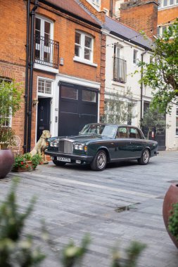 Klasik lüks araba seramik bir köpeğin yanına ve evin dışına park edilmiş.