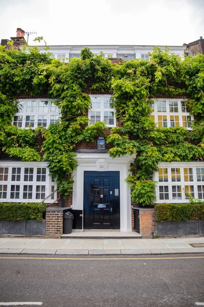 기어오르는 식물로 덮여 있는 영국 집 앞쪽 — 스톡 사진