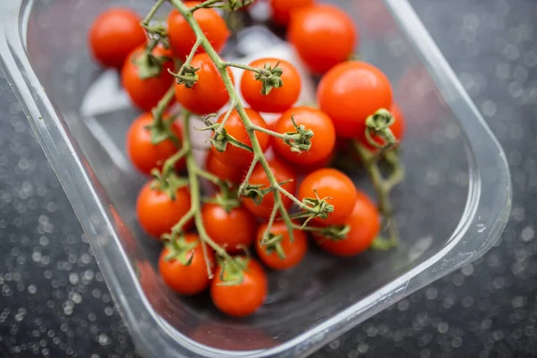 Kers tomaten in een plastic container — Stockfoto