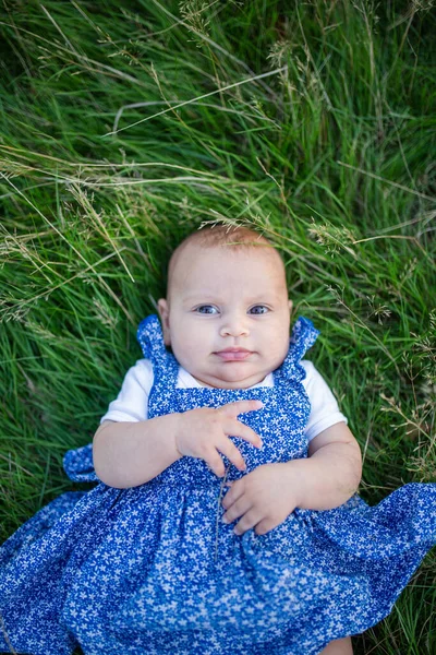 Sevimli bebek yukarıdan çimlerin üzerine uzandı. — Stok fotoğraf
