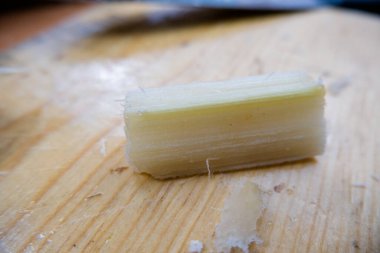 Doğranmış şeker kamışı kesme tahtasına izole edilmiş.