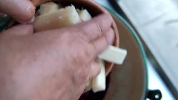 Hand pouring chopped sugar cane into a tall saucepan with punch — Stock Video