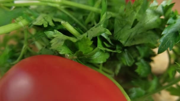 Tomates frescos e coentros em uma mesa de madeira — Vídeo de Stock