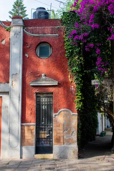 Ancien bâtiment rouge et beaux arbres à Mexico — Photo