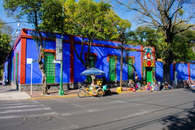 Ünlü Meksikalı ressamların müzesinin dışındaki ağaçlar ve sokak satıcıları.