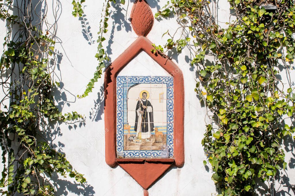 Religious image on a white wall surrounded by climbing plants