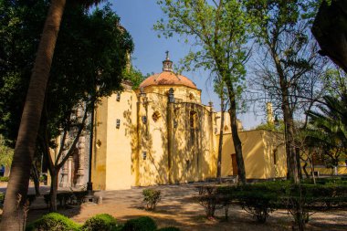 Coyoacan 'da ağaçlarla çevrili eski Meksika Kilisesi