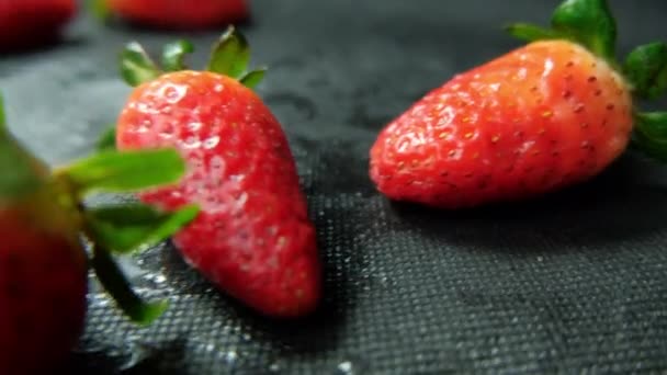 Căpșuni izolate pe o masă cu față de masă întunecată — Videoclip de stoc