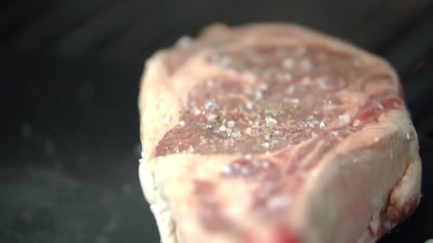 Ein saftig aussehendes Steak auf dem Grill vorsichtig würzen — Stockvideo