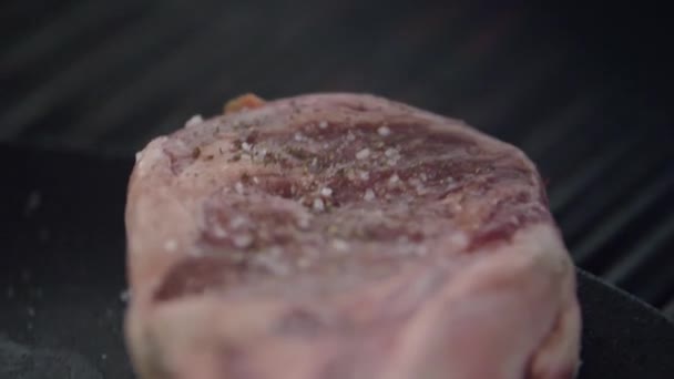 Hati-hati bumbu steak juicy-looking di panggangan — Stok Video
