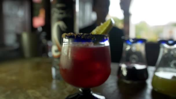 Bebida alcoólica vermelha em cálice de vidro ao lado de uma garrafa de mezcal — Vídeo de Stock