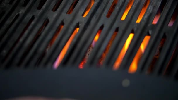 Szaftos húsdarab egy tányéron a grill felett. — Stock videók