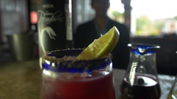 Bebida alcohólica roja en copa de vidrio junto a una botella de mezcal — Vídeo de stock