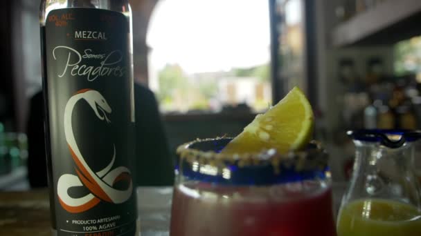 Minuman beralkohol merah dalam gelas piala di samping botol mezcal — Stok Video