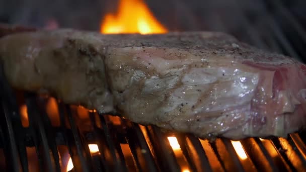 Szaftos kinézetű húsdarab egy grill tüze felett. — Stock videók