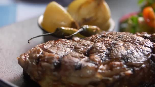 Gegrilltes Fleisch, Salat, geröstete Zwiebeln und Chilischoten auf dem Teller — Stockvideo