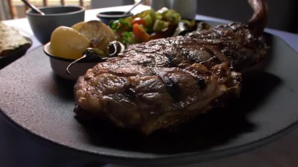 Carne grelhada, salada, cebola assada e pimentão no prato — Vídeo de Stock