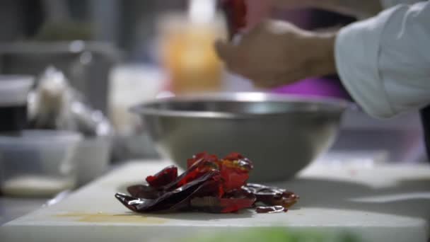 Женщина-повар режет перцы чили над серебряной чашей — стоковое видео