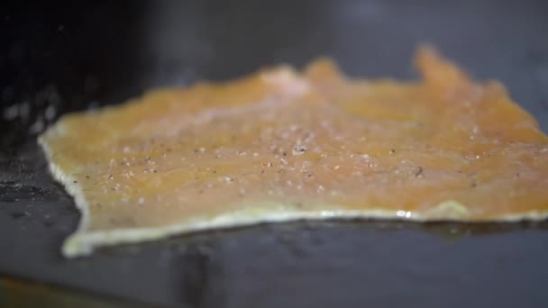 Frying tasty-looking thin chicken fillet on a griddle — Stock Video