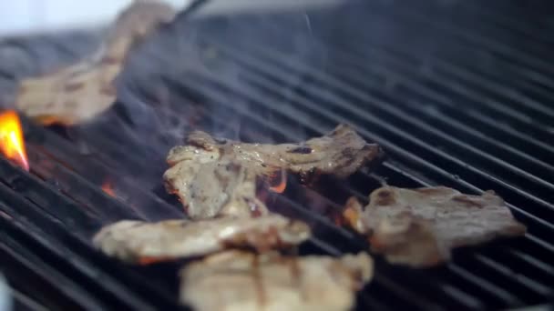 Chutně vypadající steaky nad ohněm grilu — Stock video