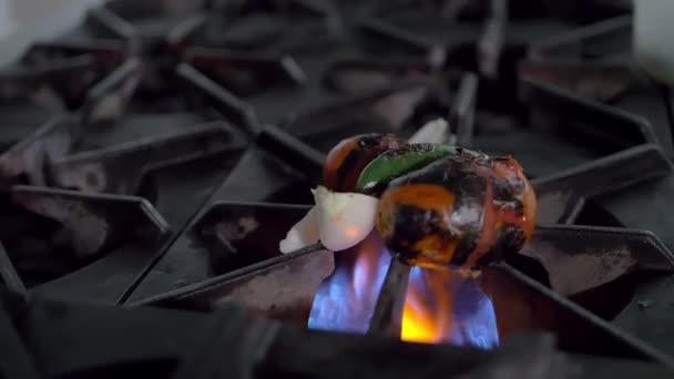 Peperoncino arrosto, pomodori e cipolla in un bruciatore aperto — Video Stock