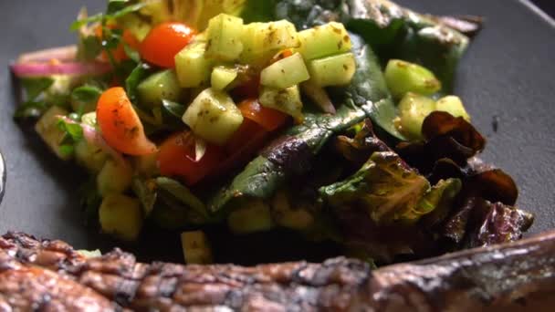 Carne grelhada, salada, cebola assada e pimentão no prato — Vídeo de Stock